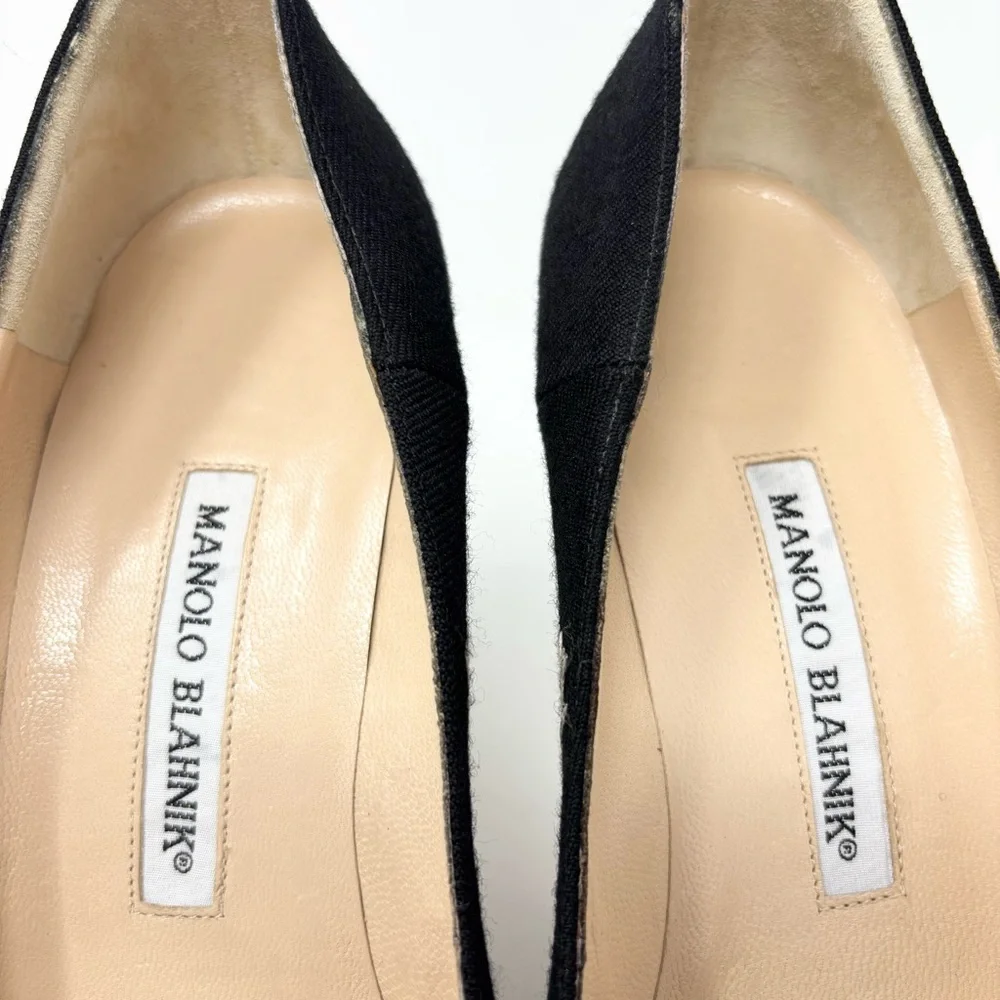 Manolo Blahnik Black Floral Embroidered Canvas Kayal Pointed Toe Pumps Size 37.5